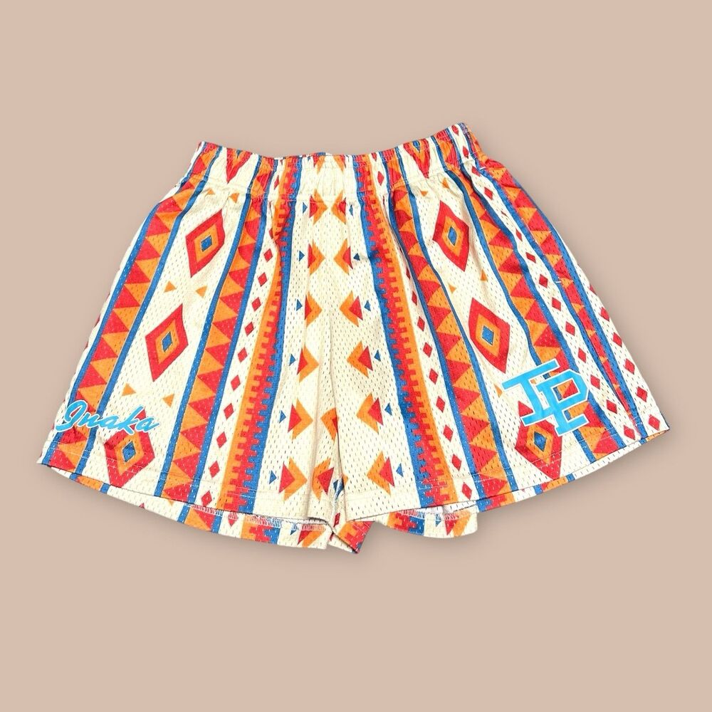 Inaka Power Shorts Mens M Elastic Waist Drawstring 5" Mesh Flowy Gym Aztec